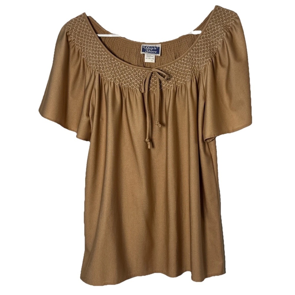Vintage Ship'n Shore Qiana Nylon Blouse Womens 14 Tan Smocked Peasant Top
